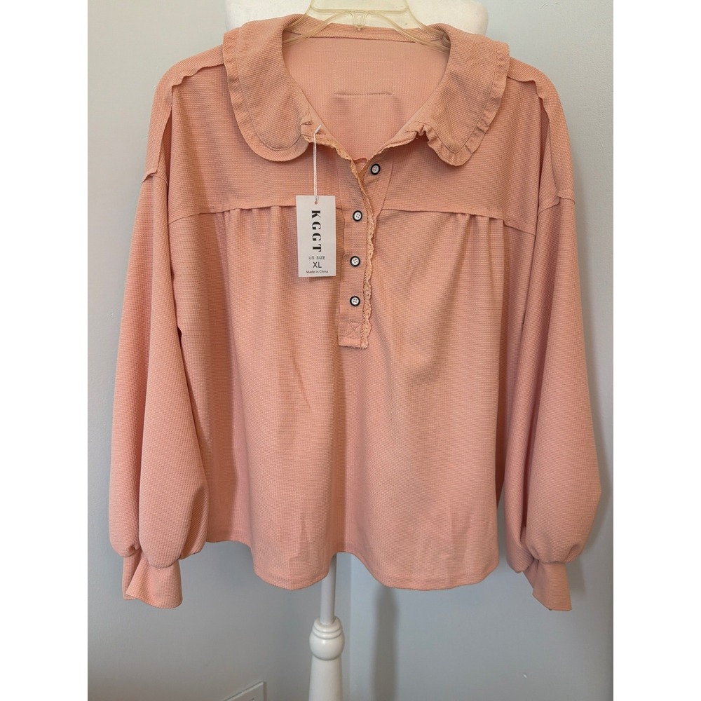 KGGT Peach Waffle Knit Ruffle Collar Lantern Sleeve Button Top XL NWT